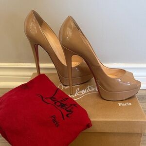 Christian Louboutin Beige Patent Peep-Toe Platform Pumps